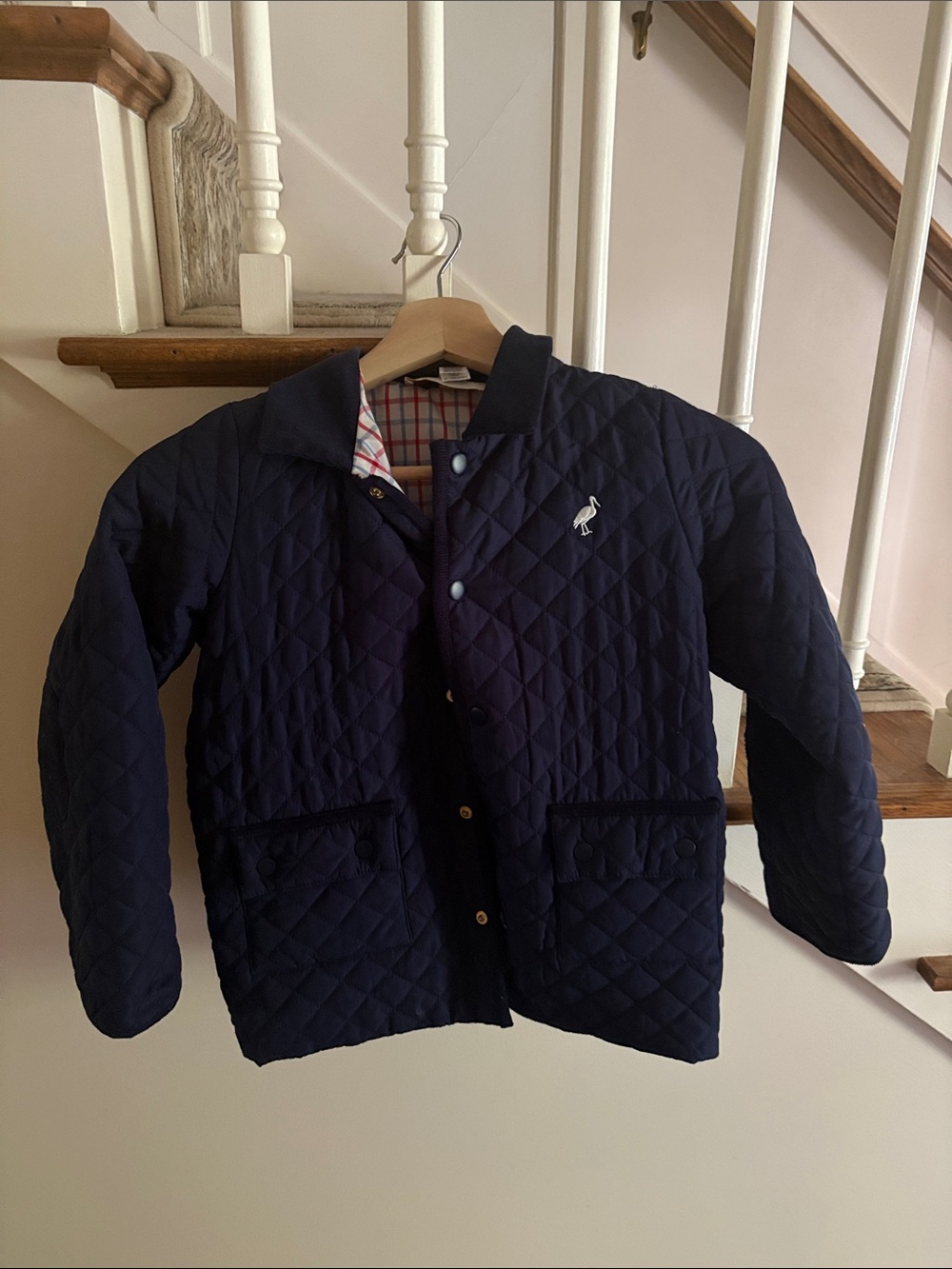 The Beaufort Bonnet Company Navy Quilted Puffer Jacket with Plaid Lining